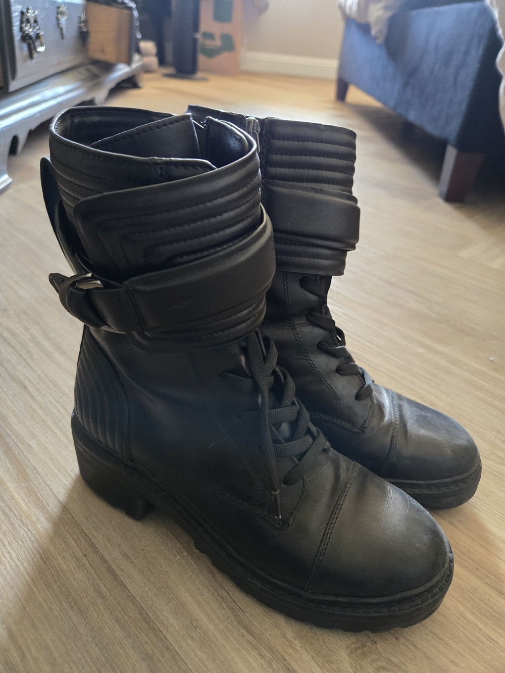 Dkny Black Lace-Up Combat Boots with Quilted Cuff and Buckle Strap
